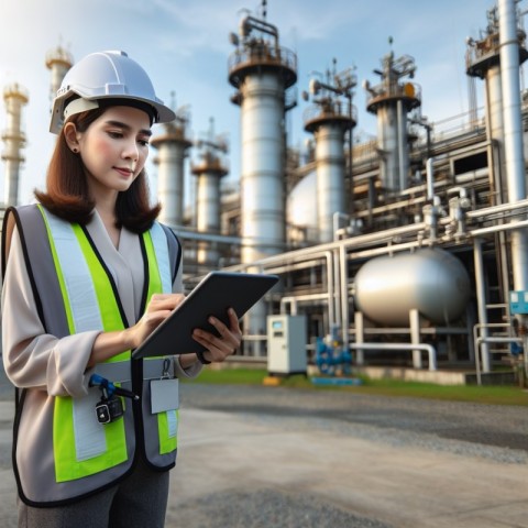 While looking at a tablet, an architect wearing a hard hat checks the details of his work at a construction site.