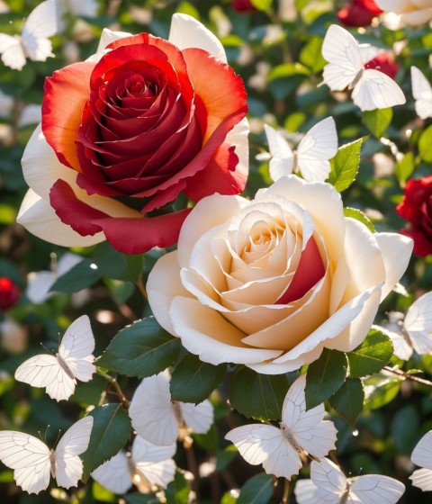 Red and white rose with white butterfly