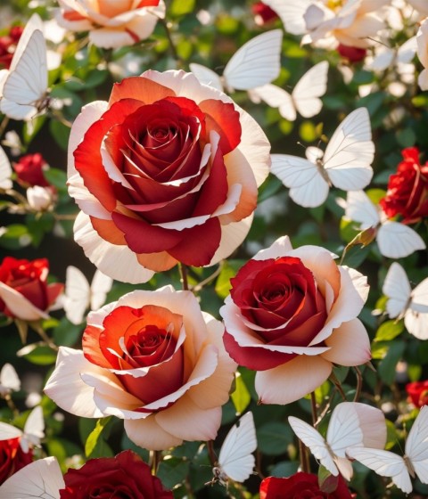 Red and white rose with white butterfly