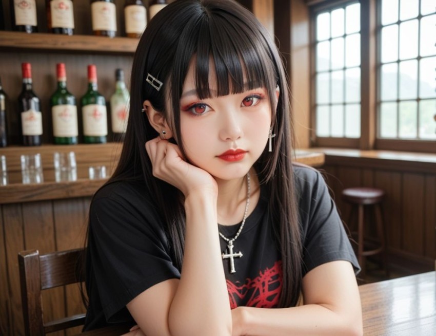 Goth-Inspired Woman in Cozy Café Setting