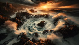 Aerial view early morning light with ocean waves flowing over rocks around ocean rock pool during storm.